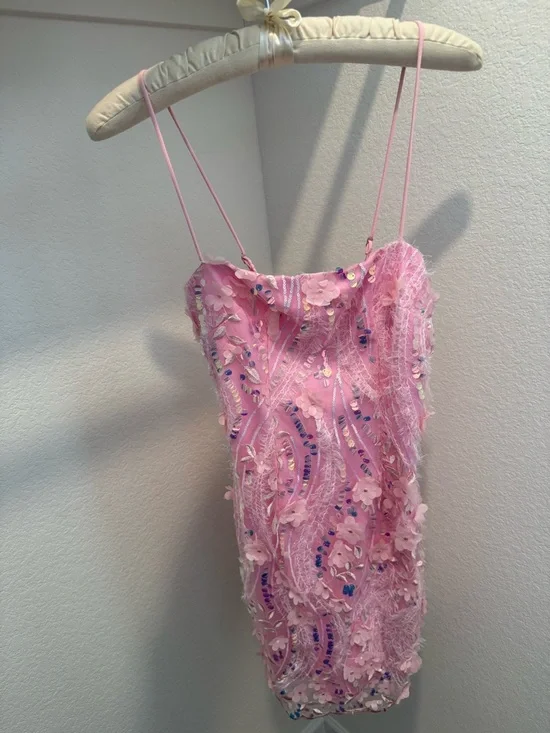 Saints & Secrets Pink Embellished Floral Sequin Spaghetti Strap Dress - Picture 1 of 5